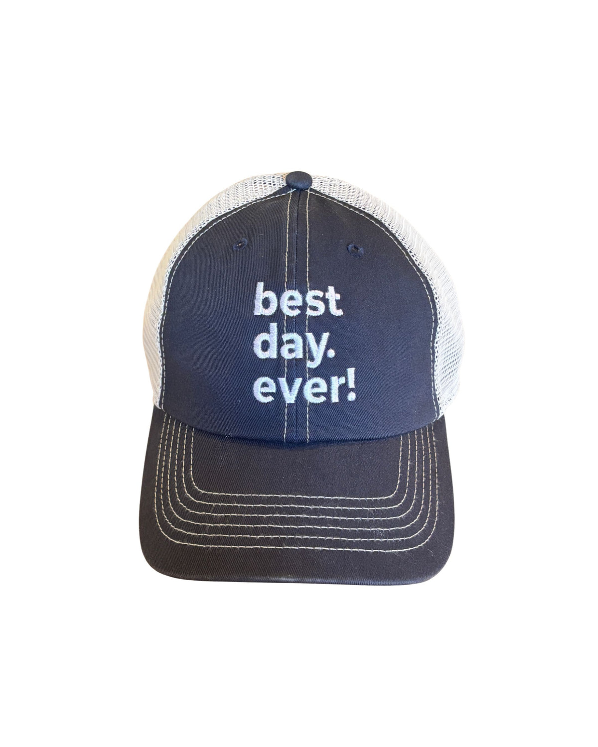 Navy blue cap with 'best day. ever!' text on a white background